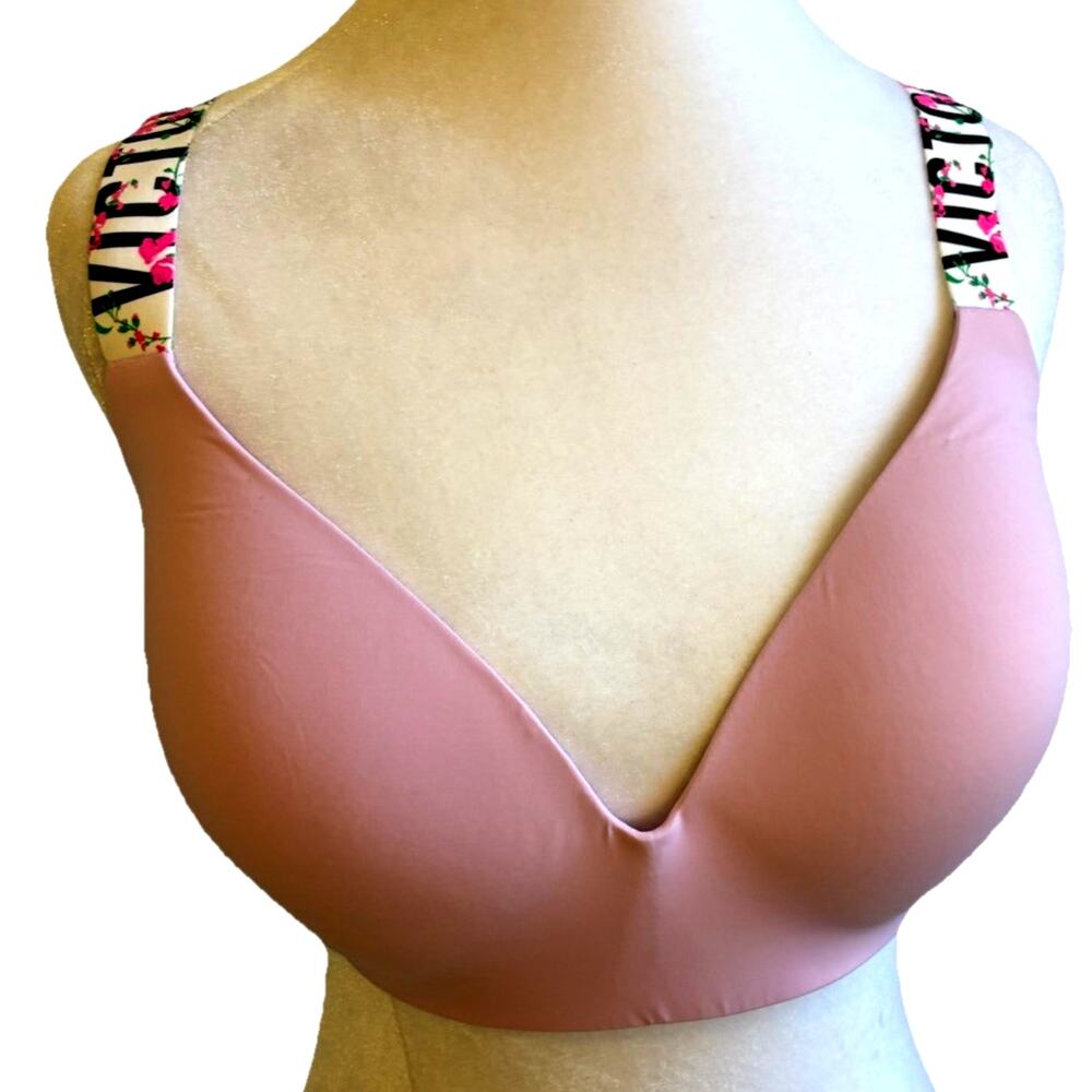 Victoria Secret Pink Bra 34 DDD floral logo straps T Shirt Lightly Lined Smooth